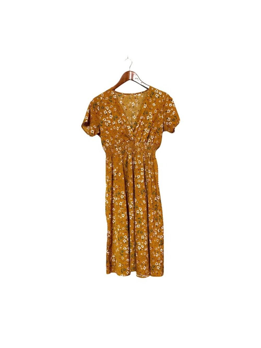 Floral Mustard Yellow Midi‎ Dress With Elastic Waistband & Short Sleeves Fairy